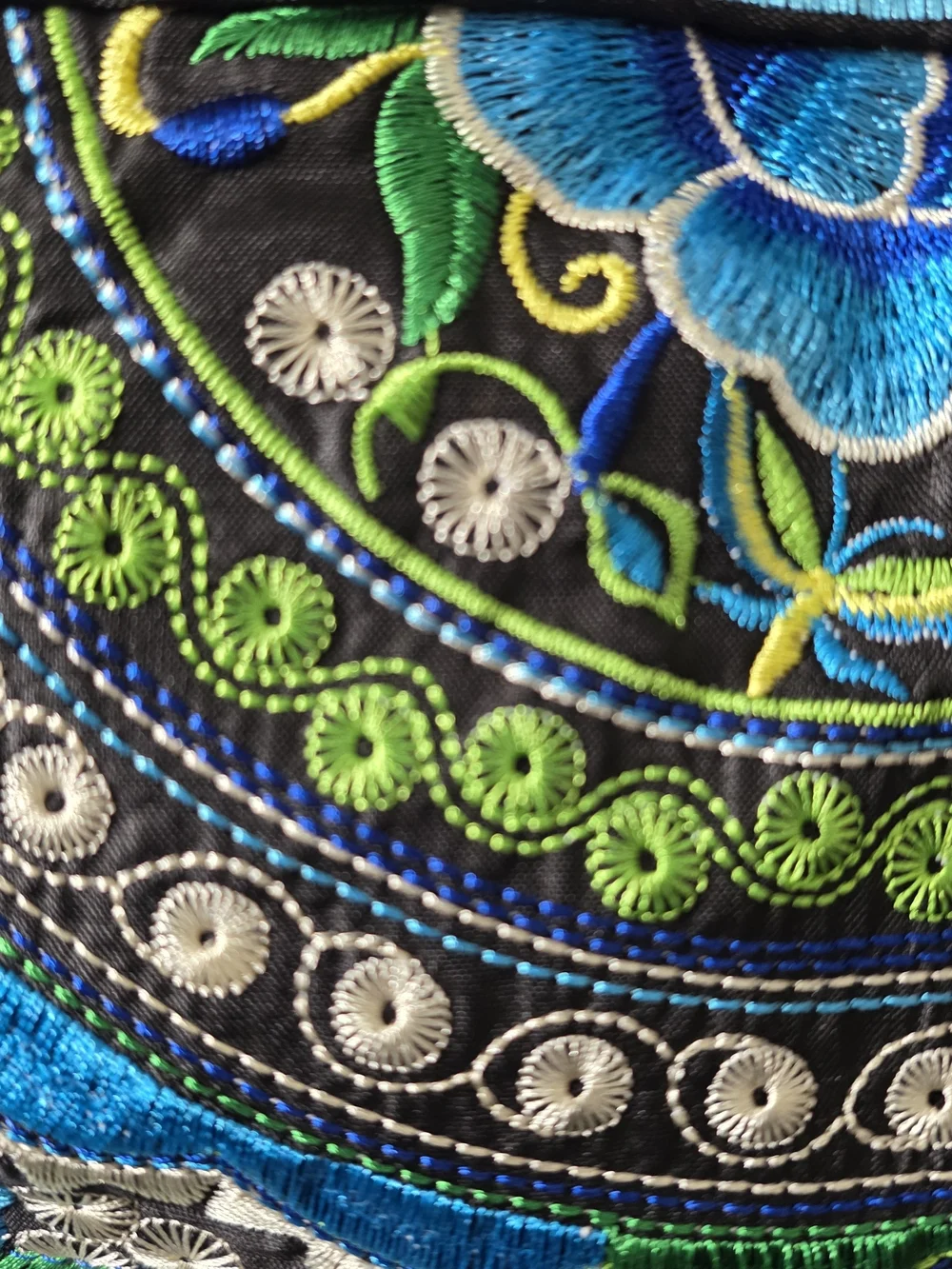 Source Unknown Black Tote with Blue & Green Embroidery and Red Bead Accents